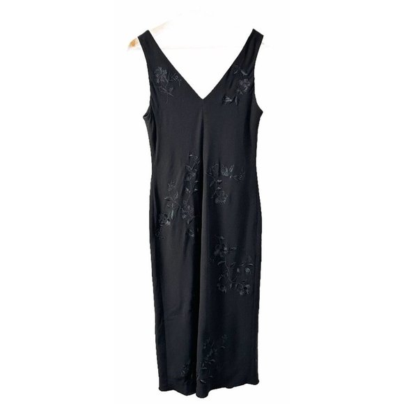 Lauren Ralph Lauren Women’s Black Floral Embroidered  Deep V Midi Dress Size 8 - Picture 2 of 5